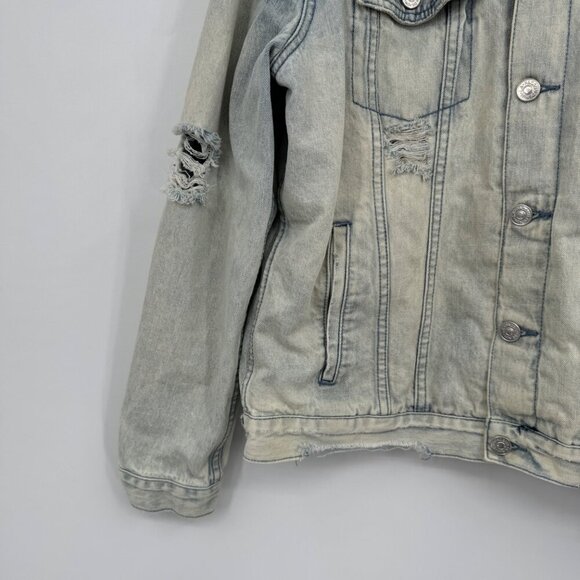 PacSun Jean Jacket Mens Medium Blue Distressed Checkered Patch Trucker Denim Siz - Picture 6 of 14